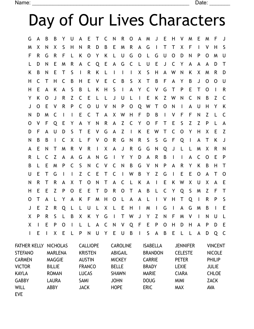 Day of Our Lives  Characters Word Search