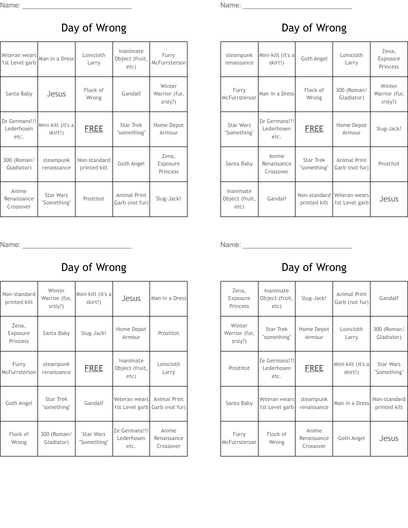 Day of Wrong Bingo Cards