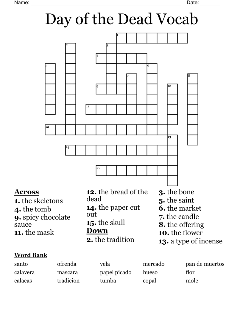 Day of the Dead Vocab Crossword