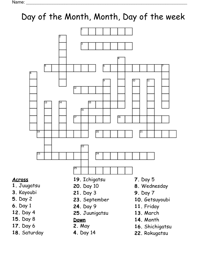 Day of the Month, Month, Day of the week Crossword