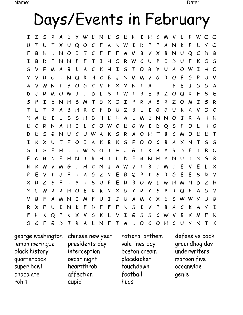 Days/Events in February Word Search