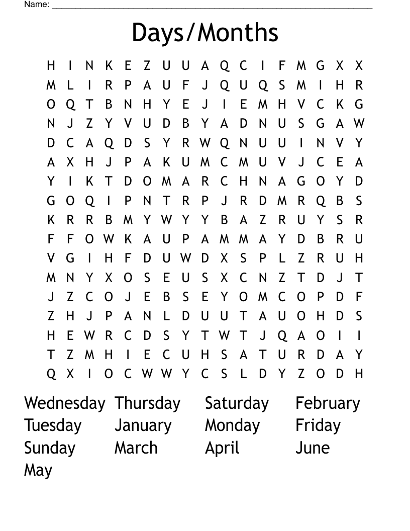 Days/Months Word Search