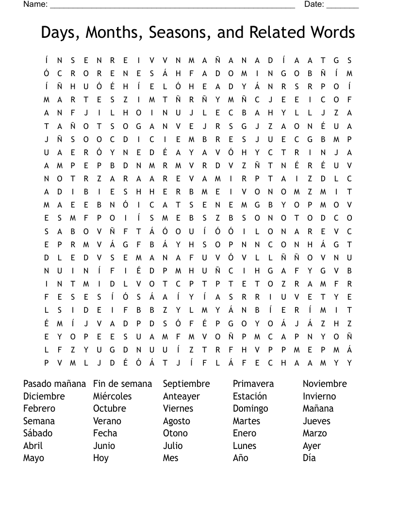 Days, Months, Seasons, and Related Words Word Search