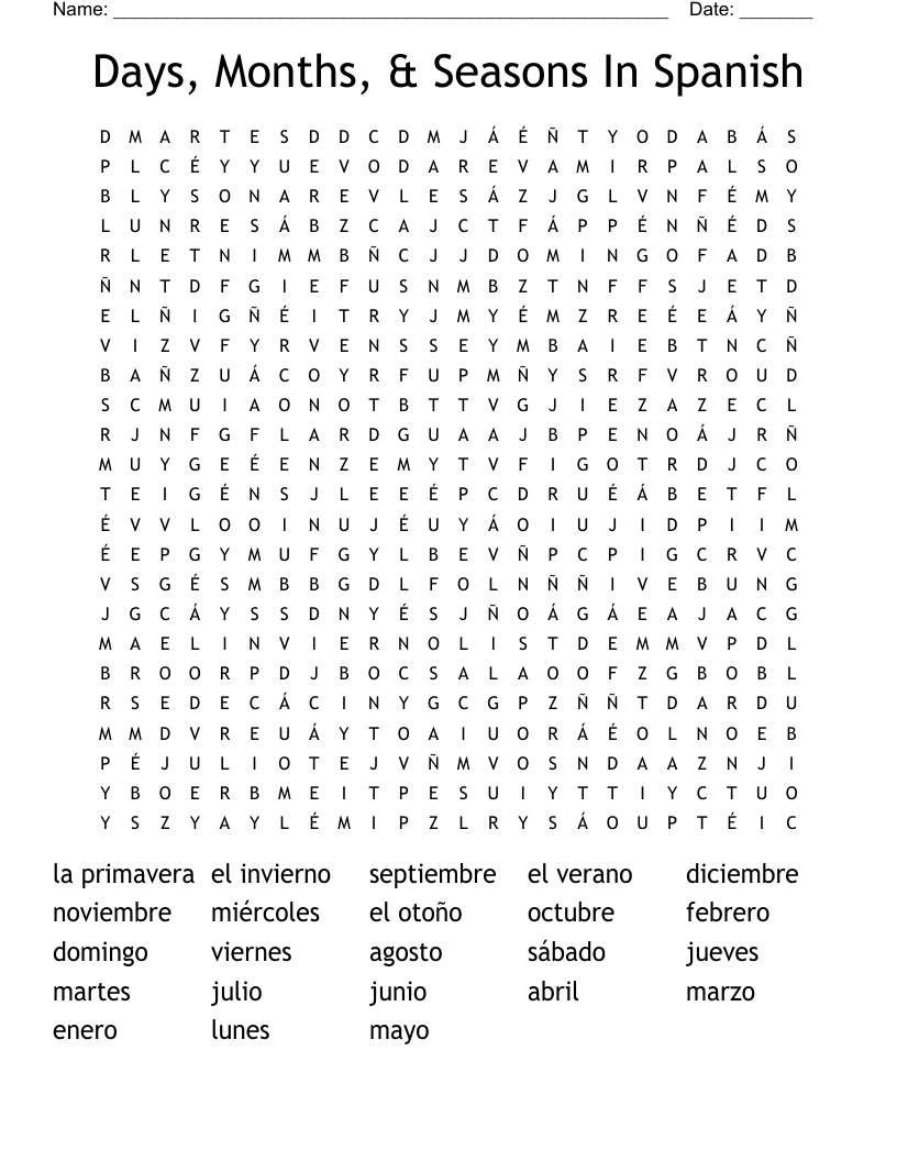 Days, Months, & Seasons In Spanish Word Search