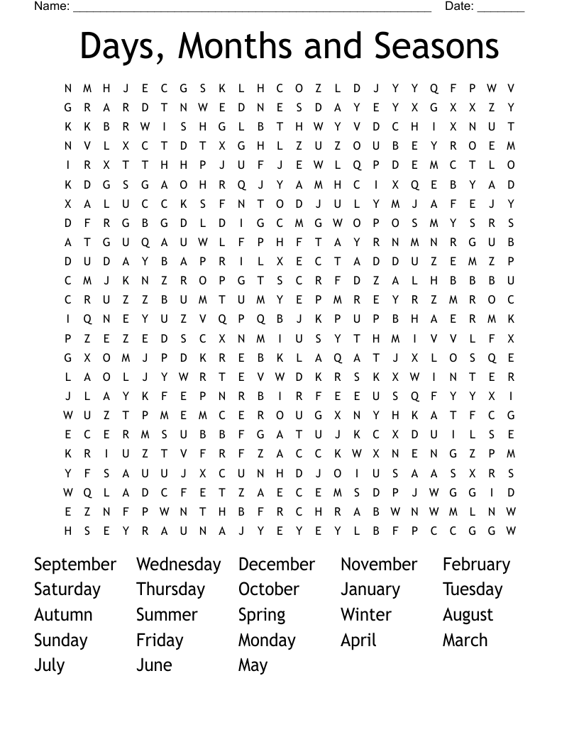 Days, Months and Seasons Word Search