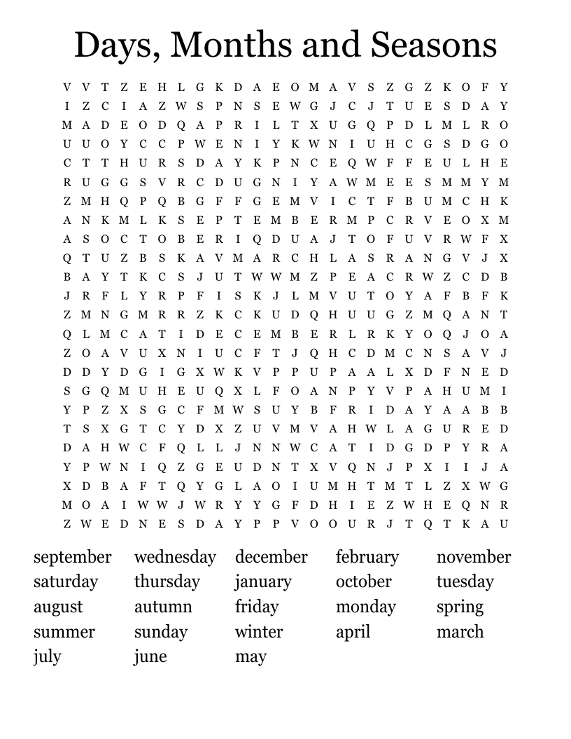 Days, Months and Seasons Word Search