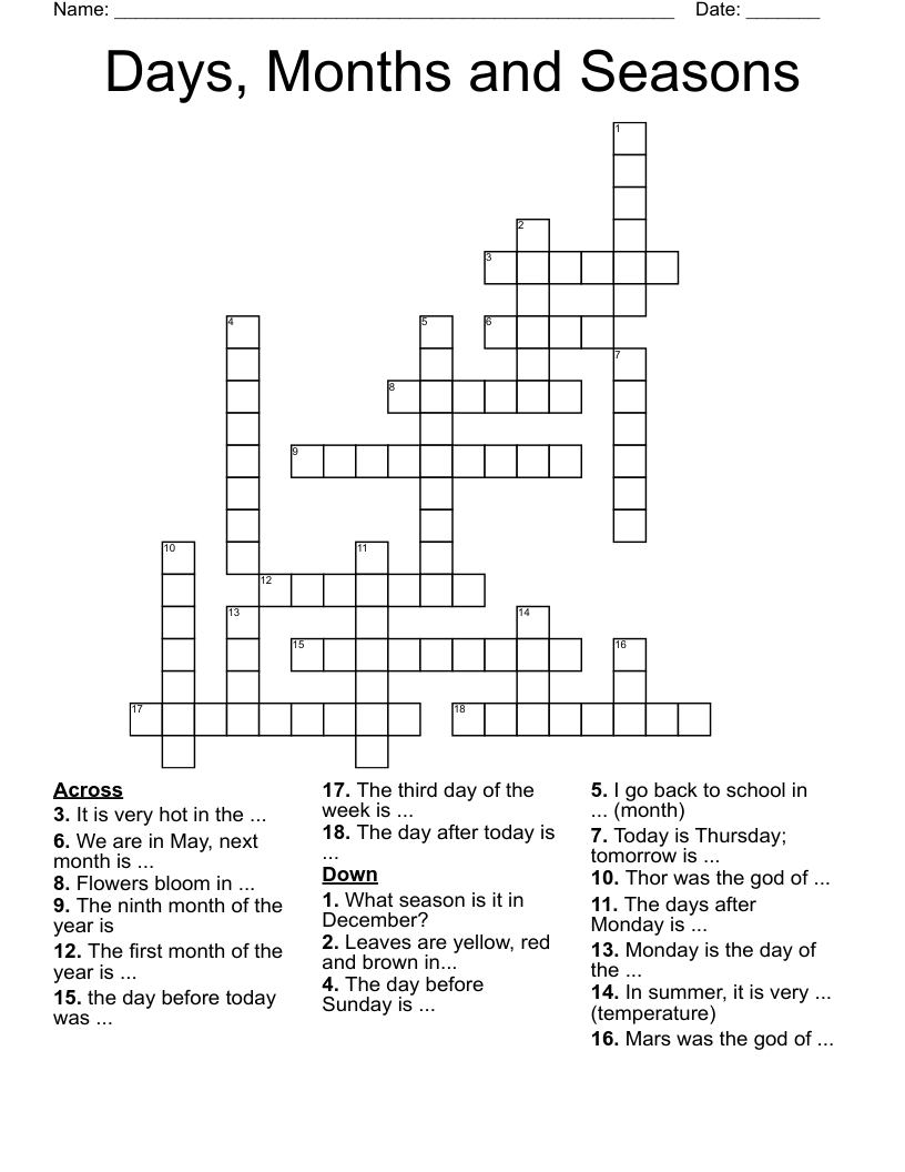 Days, Months and Seasons Crossword