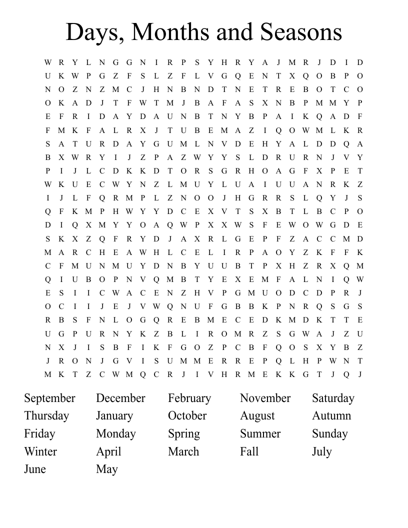 Days, Months and Seasons Word Search