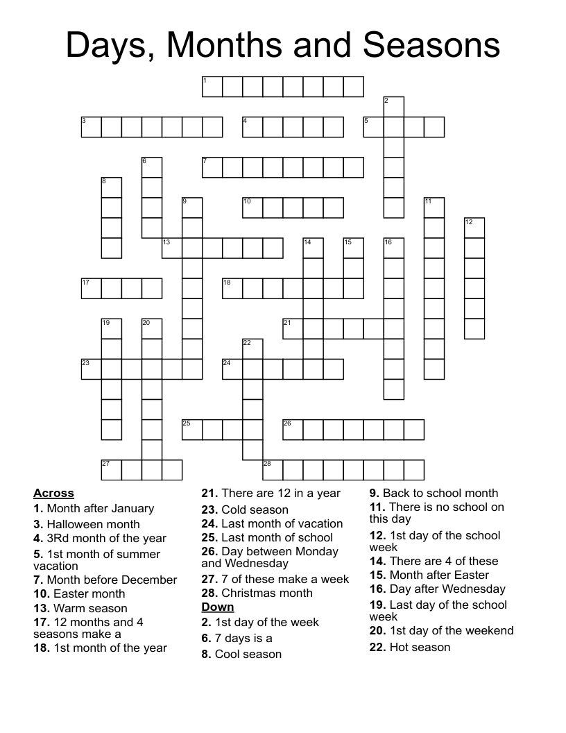 Days, Months and Seasons Crossword
