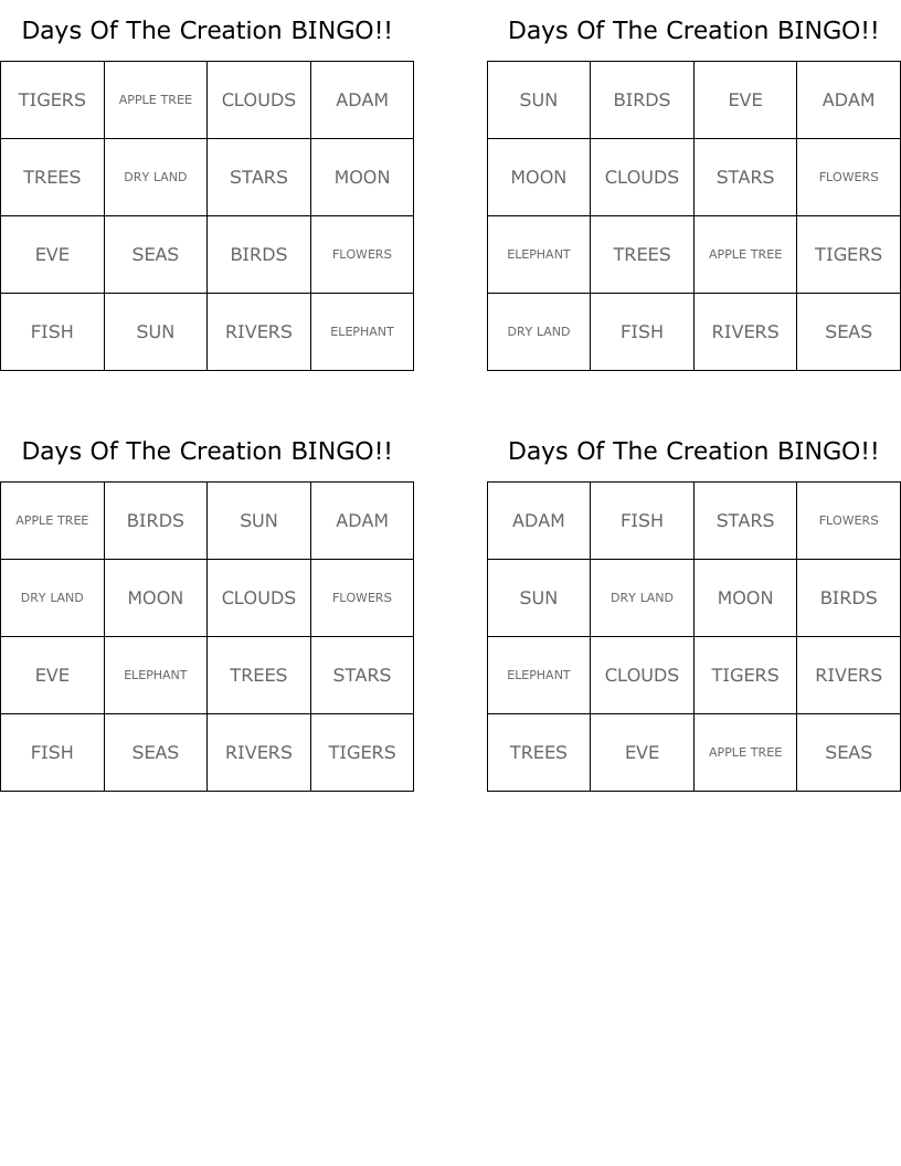 Days Of The Creation BINGO!!