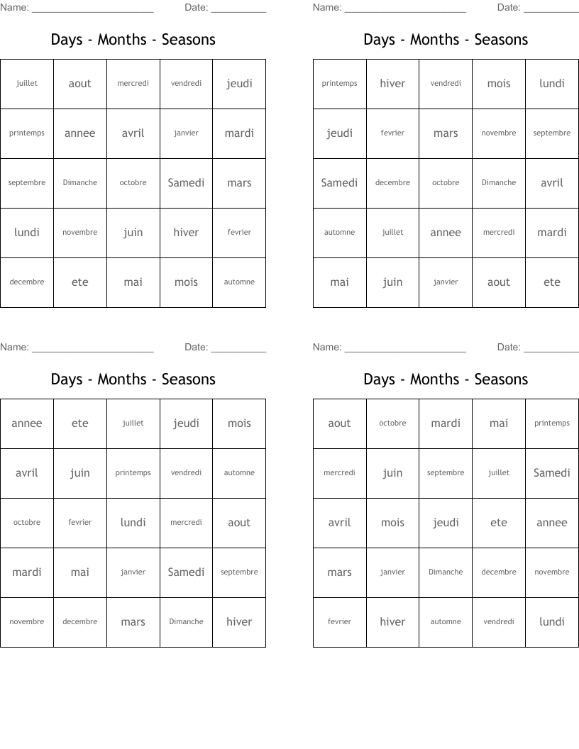 Days - Months - Seasons Bingo Cards