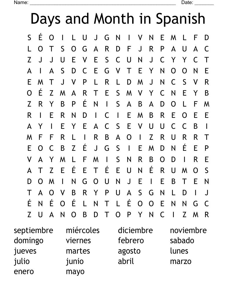 Days and Month in Spanish Word Search