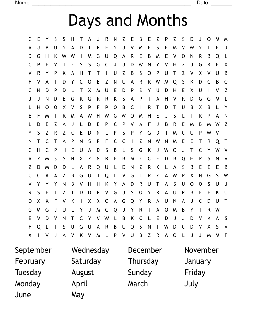 Days and Months Word Search