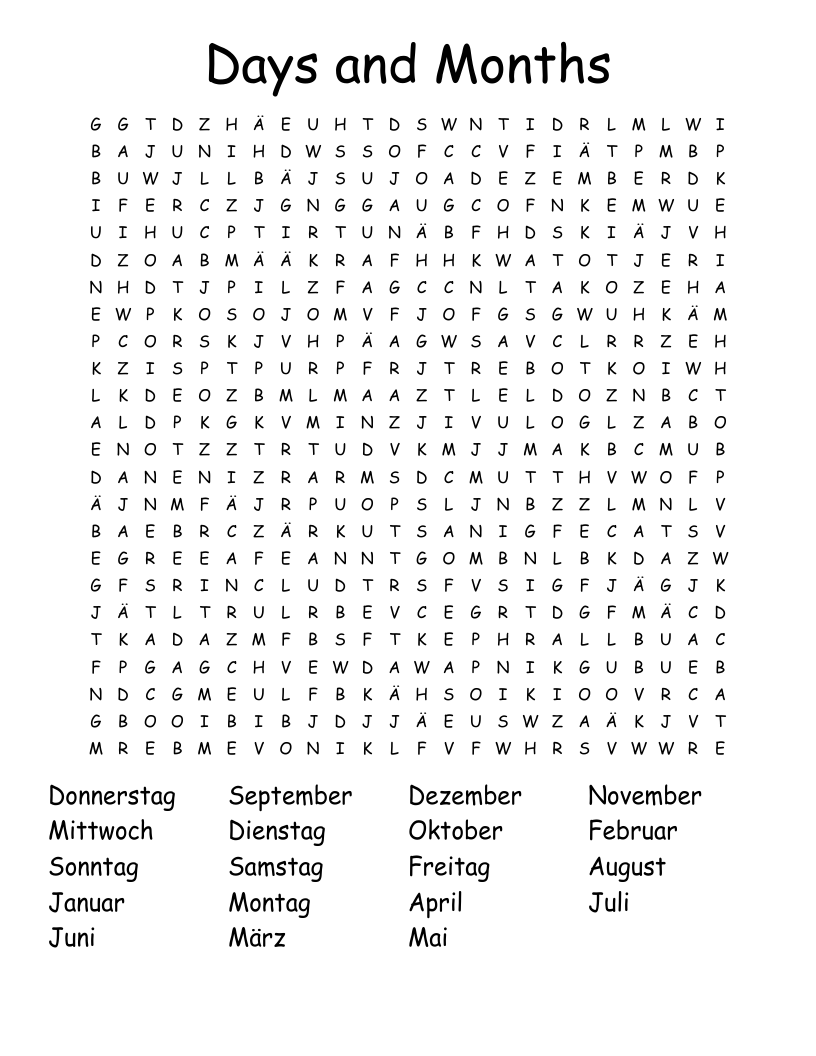 Days and Months Word Search