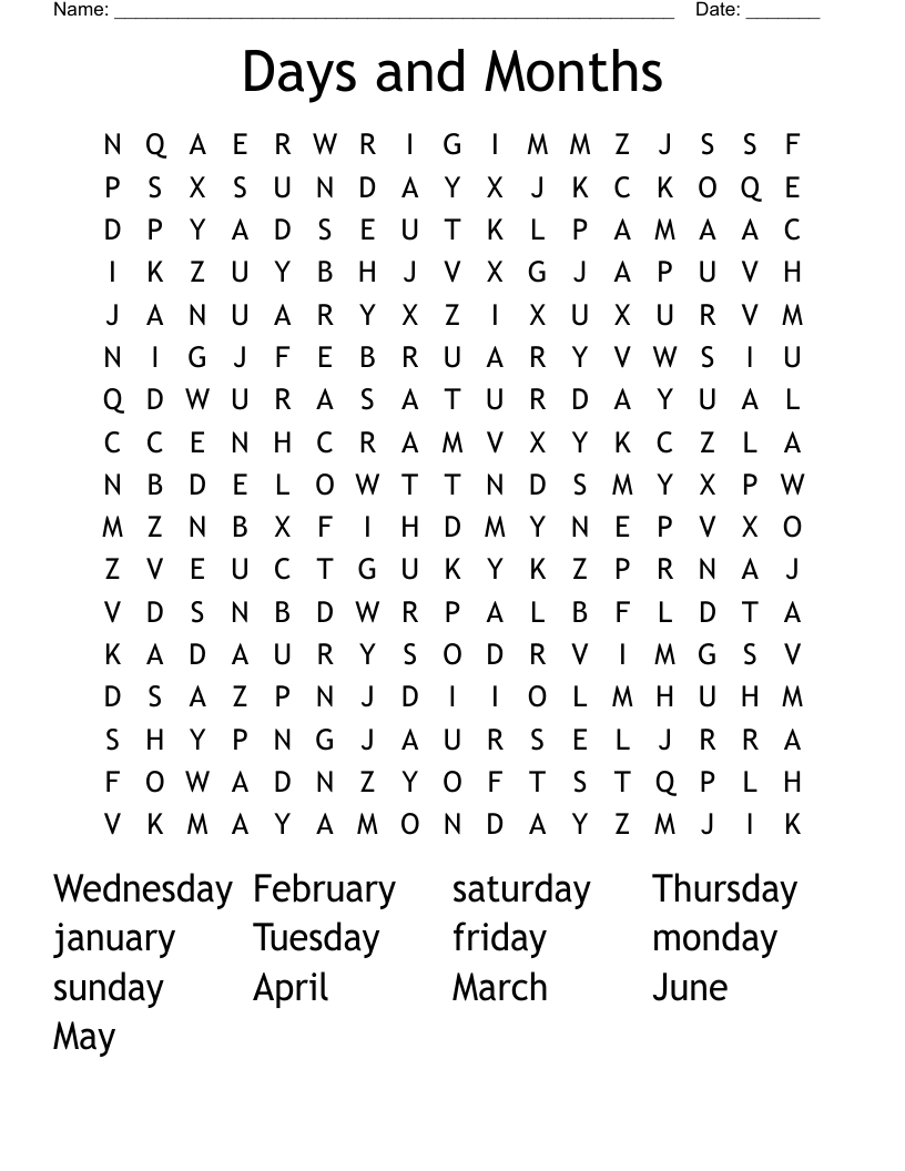 Days and Months Word Search