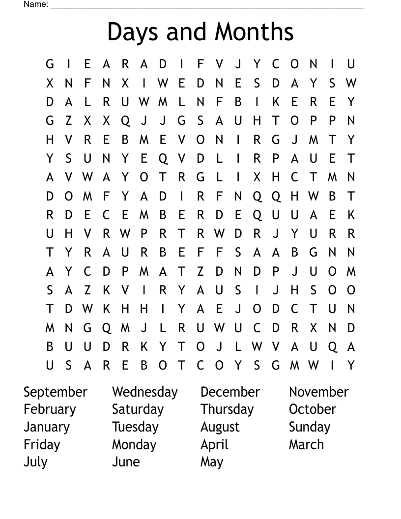 Days and Months Word Search