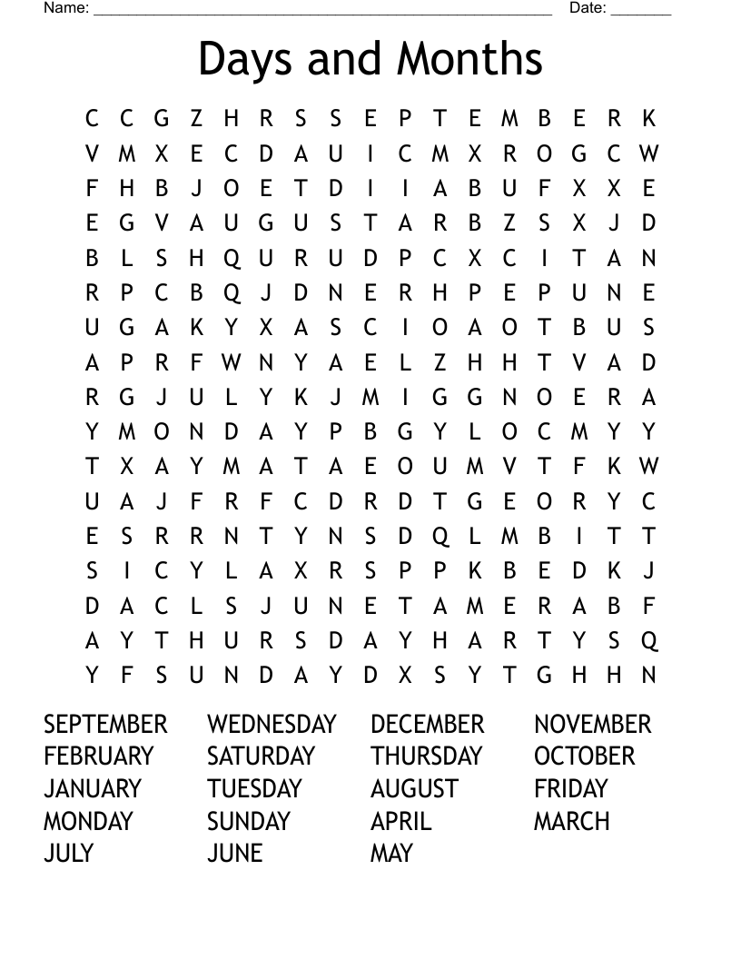 Days and Months Word Search