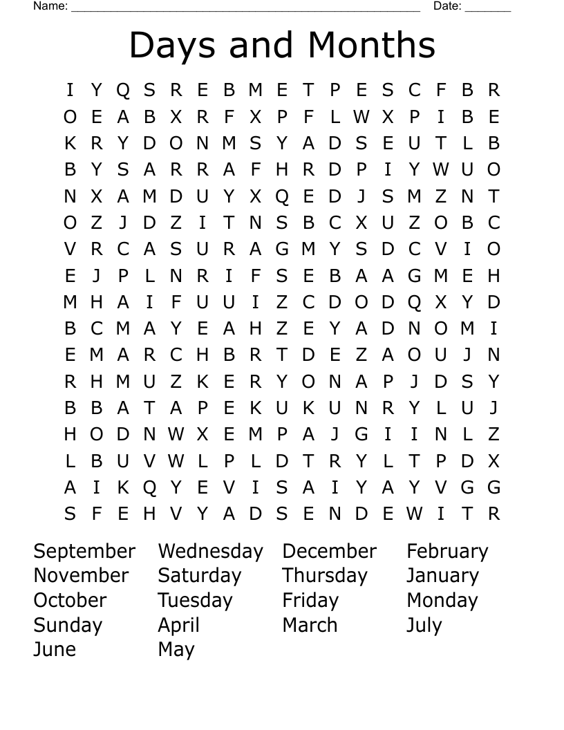 Days and Months Word Search