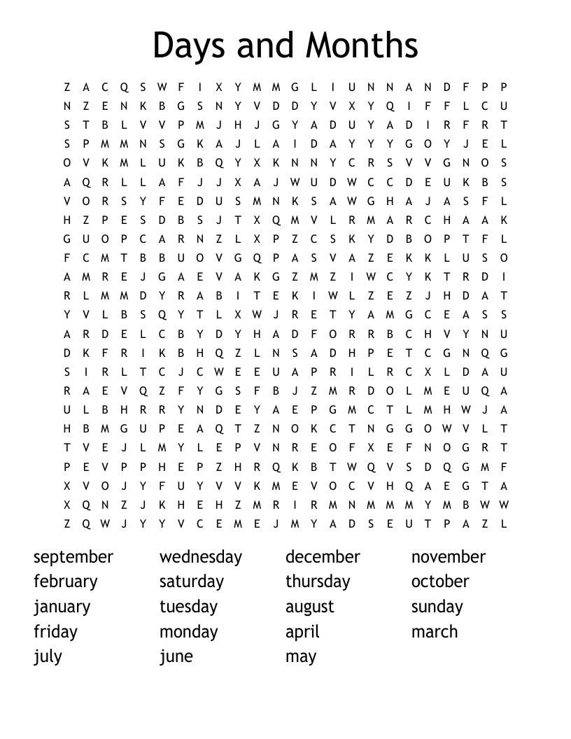 Days and Months Word Search