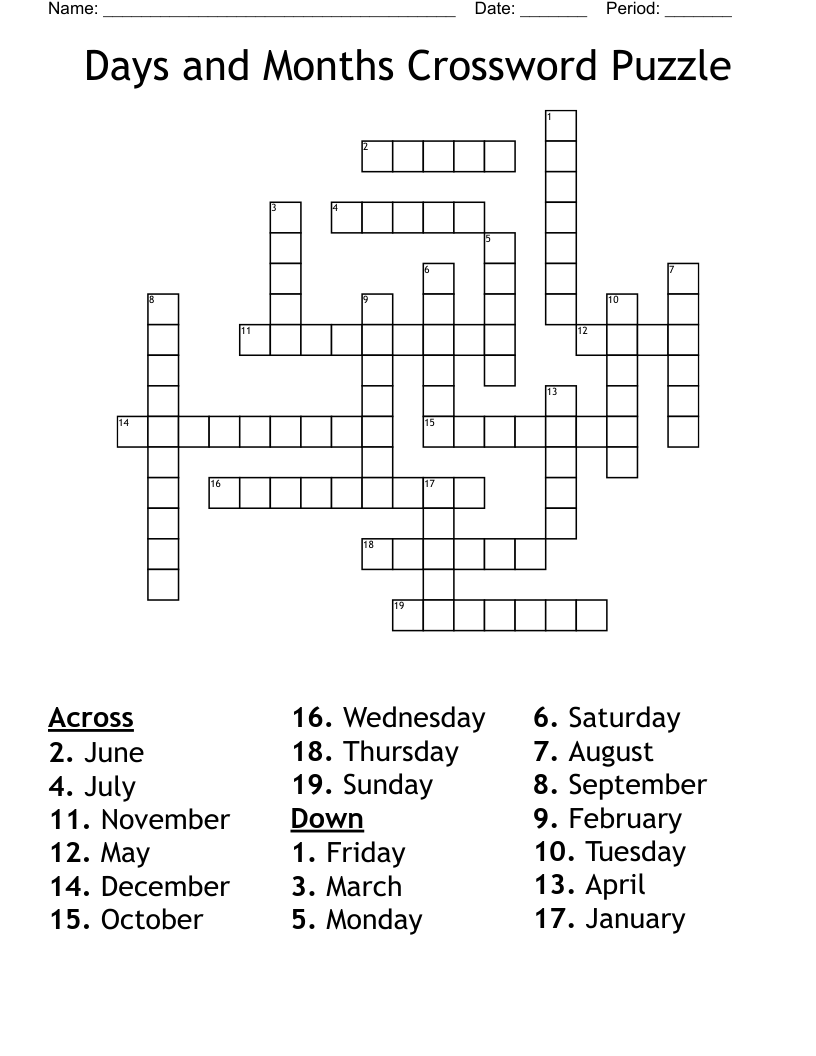 Days and Months Crossword Puzzle