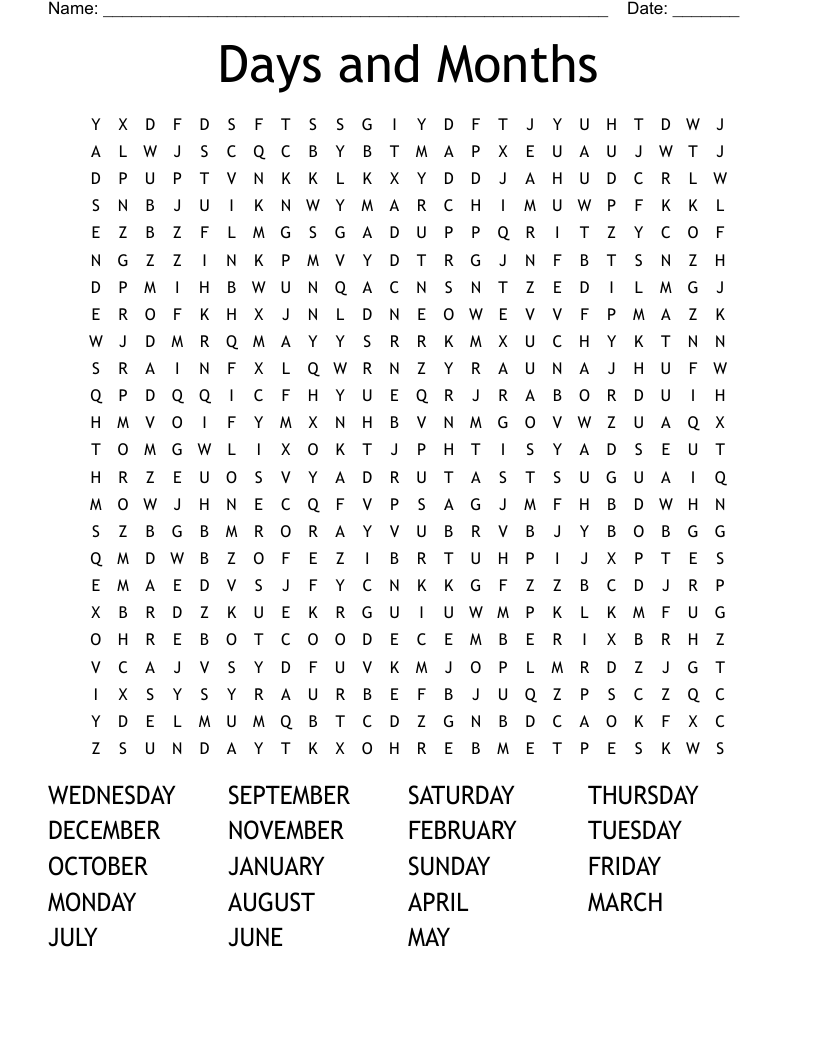 Days and Months  Word Search