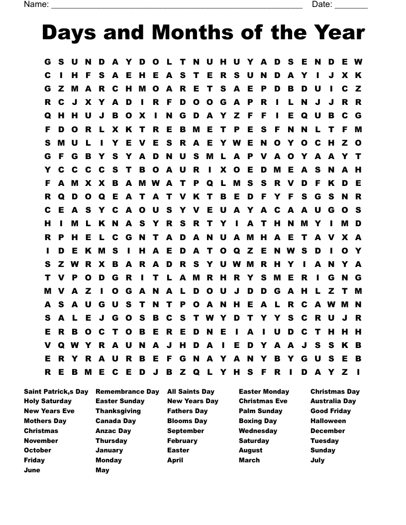 Days and Months of the Year Word Search