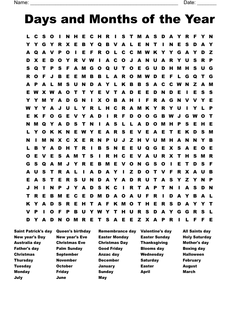 Days and Months of the Year Word Search