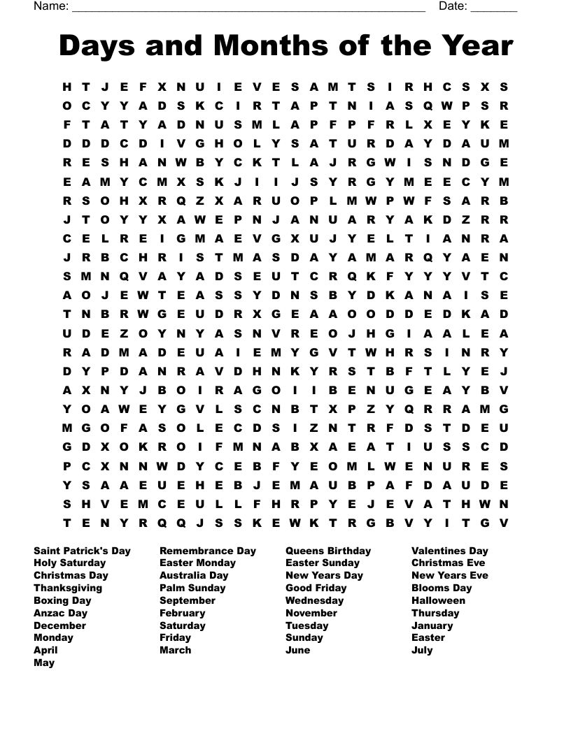 Days and Months of the Year Word Search