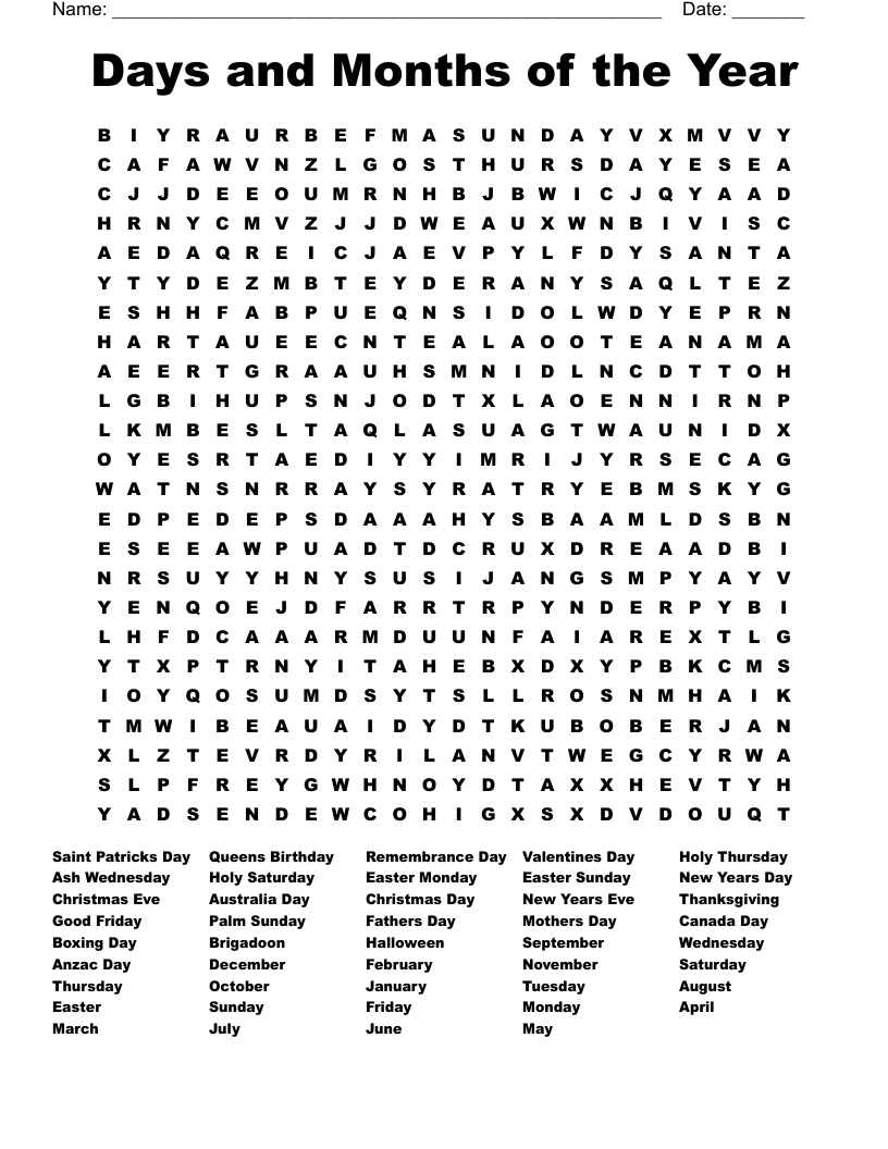 Days and Months of the Year Word Search
