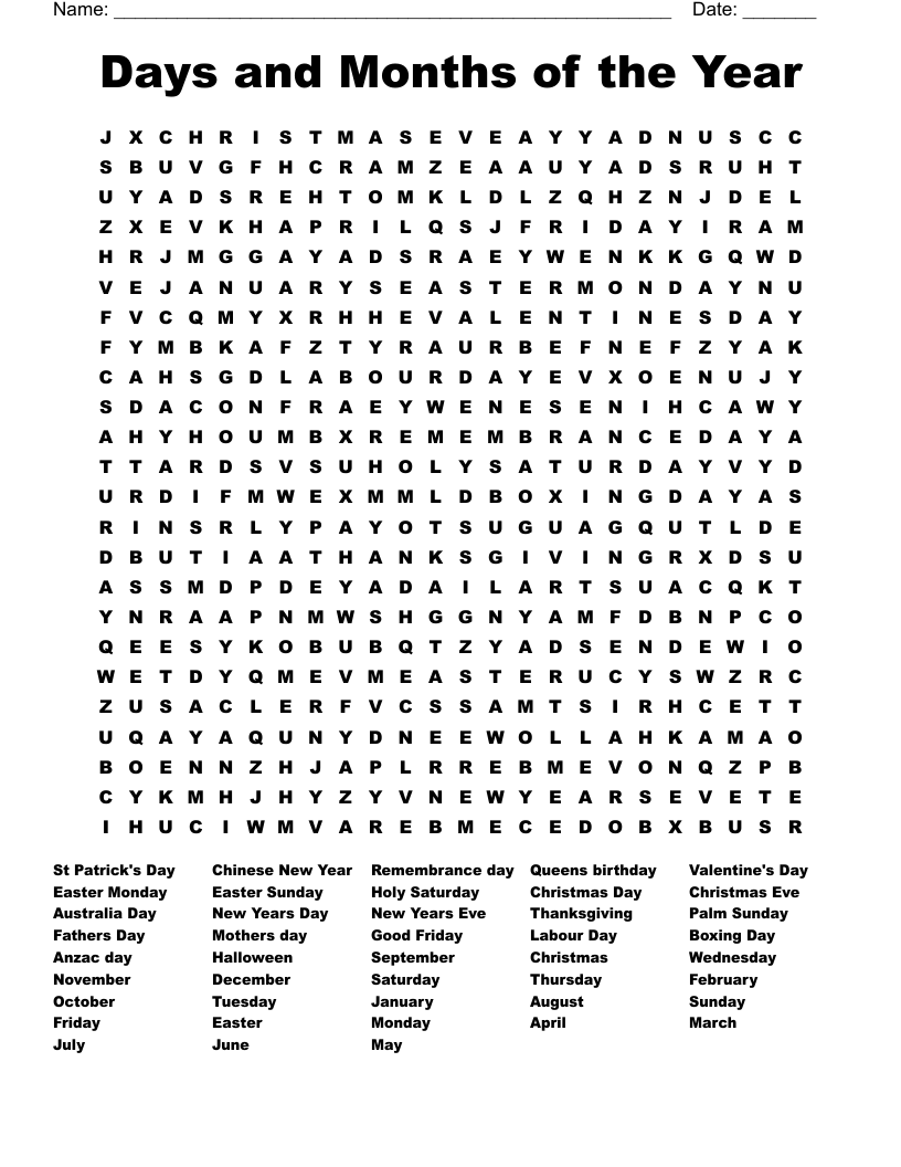 Days and Months of the Year  Word Search