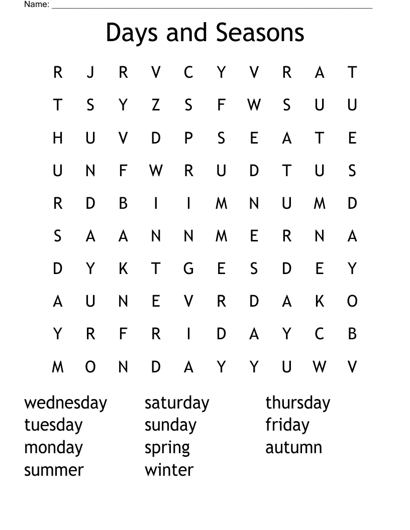 Days and Seasons Word Search