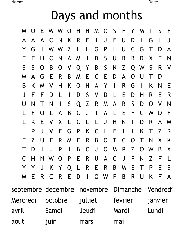 Days and months Word Search