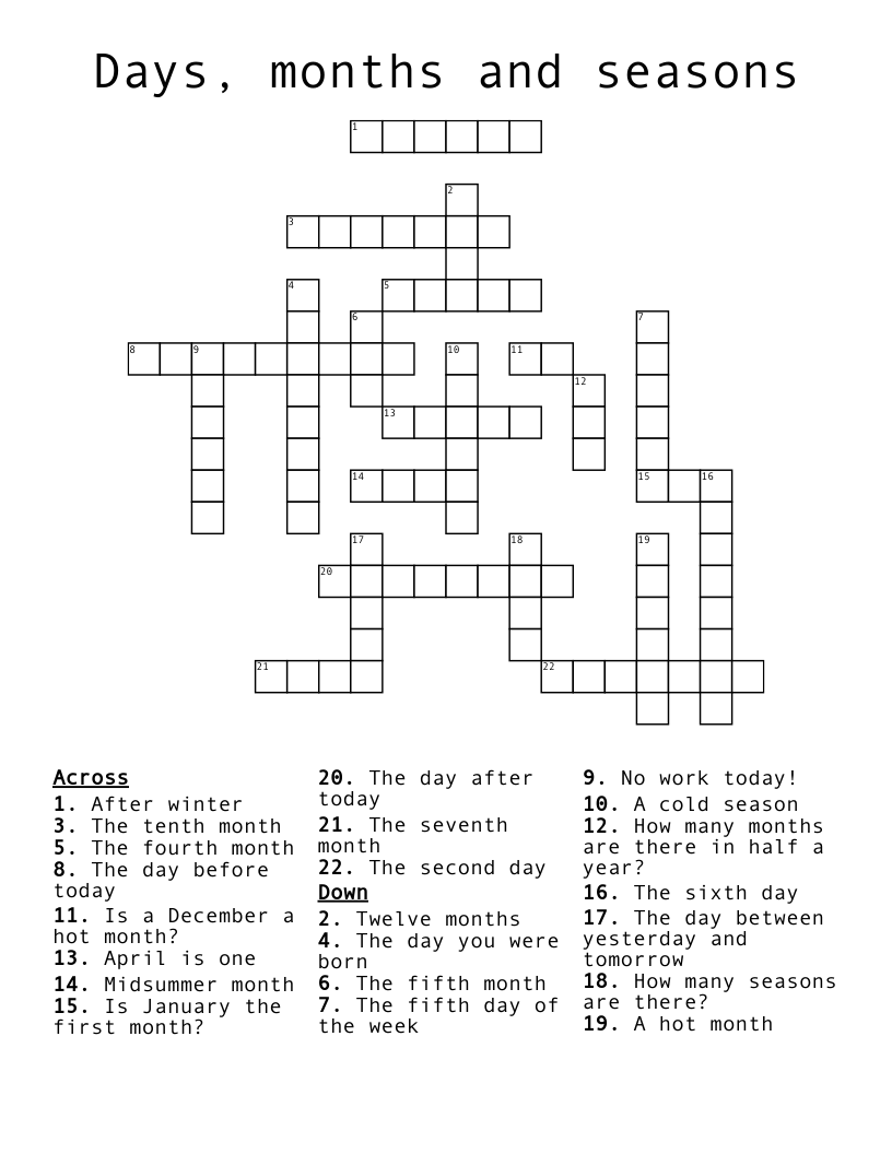 Days, months and seasons Crossword