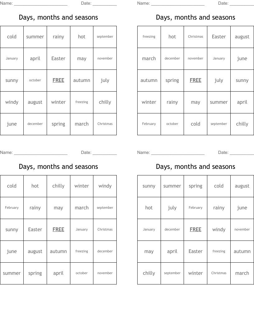 Days, months and seasons Bingo Cards
