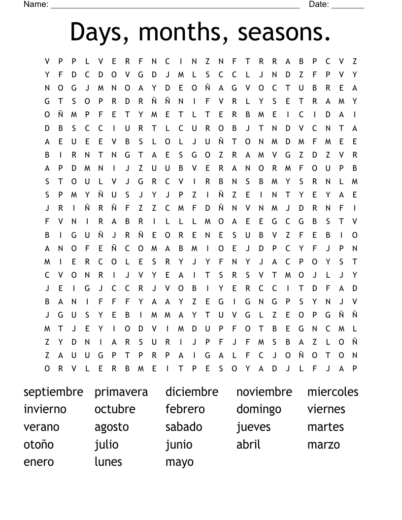 Days, months, seasons.  Word Search