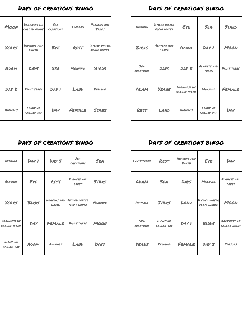 Days of creations bingo