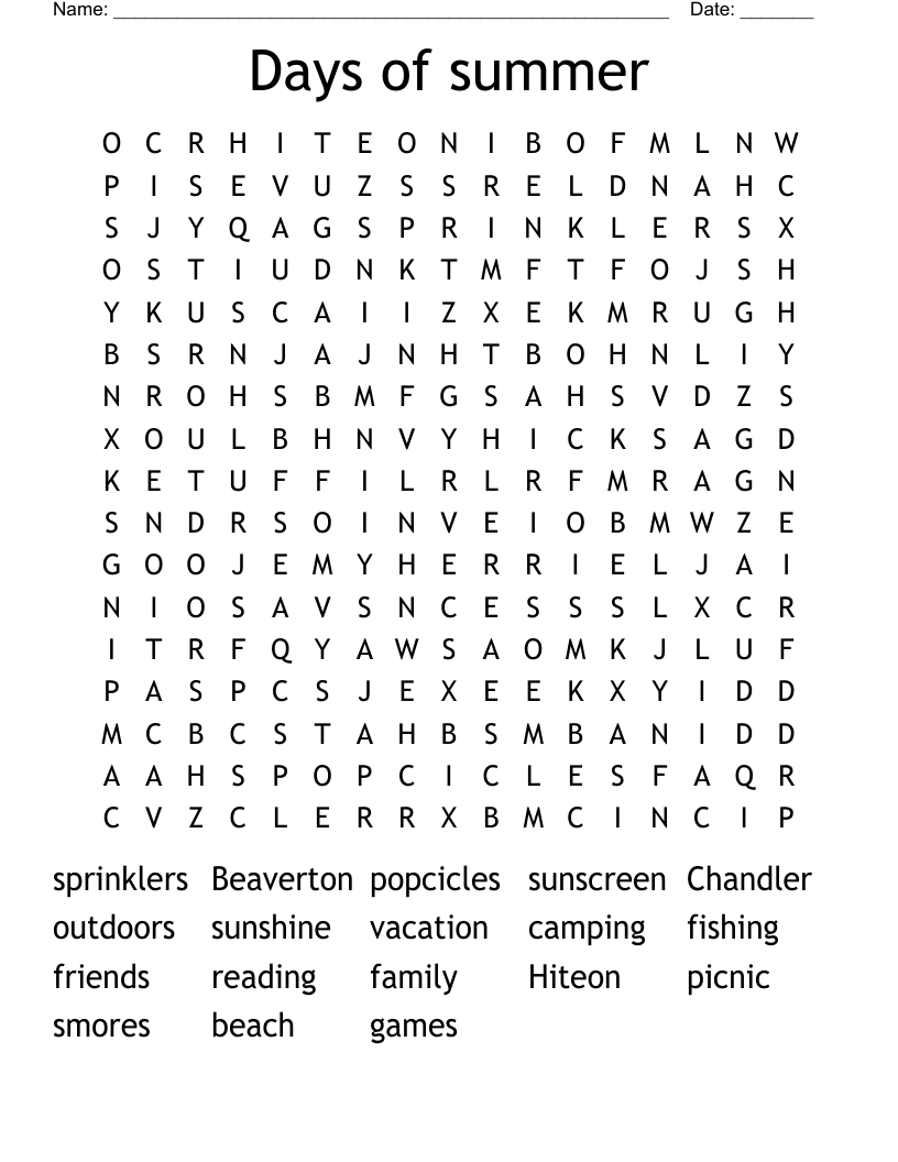 Days of summer Word Search