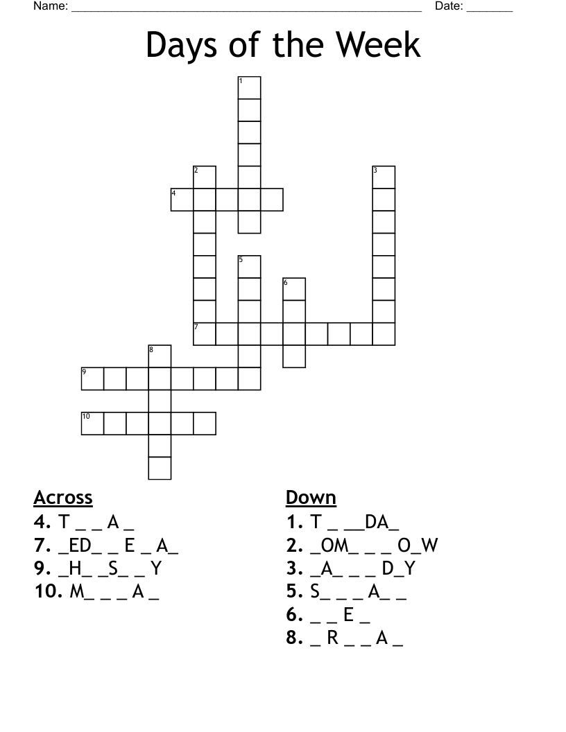 Days of the Week Crossword