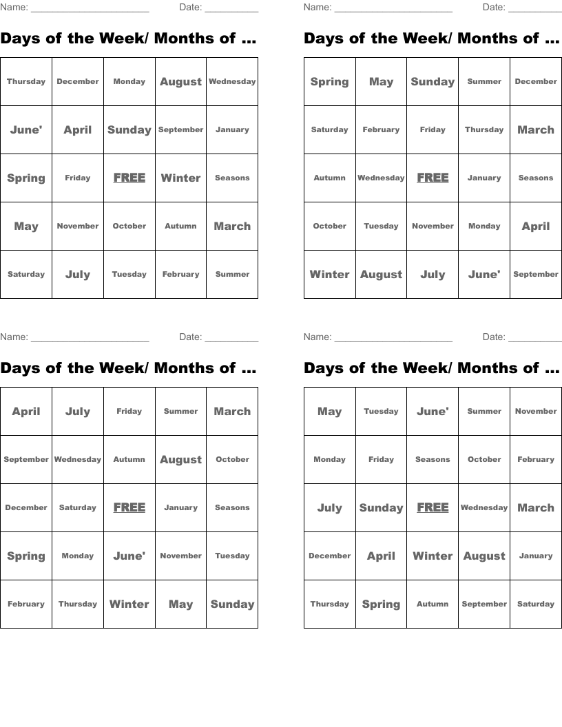 Days of the Week/ Months of the Year Bingo Cards