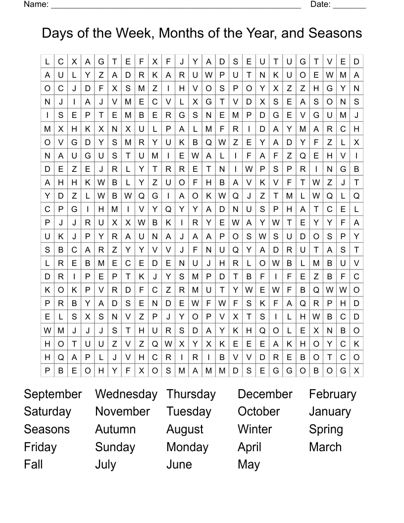 Days of the Week, Months of the Year, and Seasons Word Search
