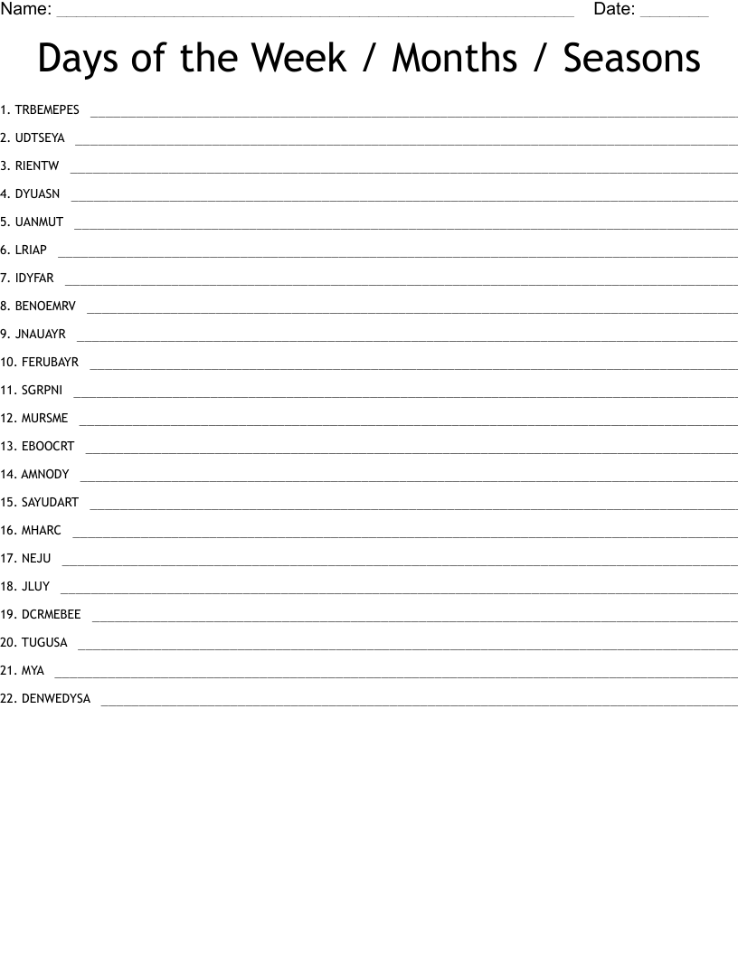 Days of the Week / Months / Seasons Word Scramble