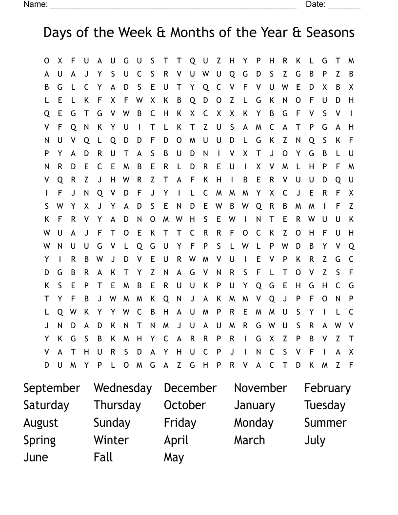Days of the Week & Months of the Year & Seasons  Word Search