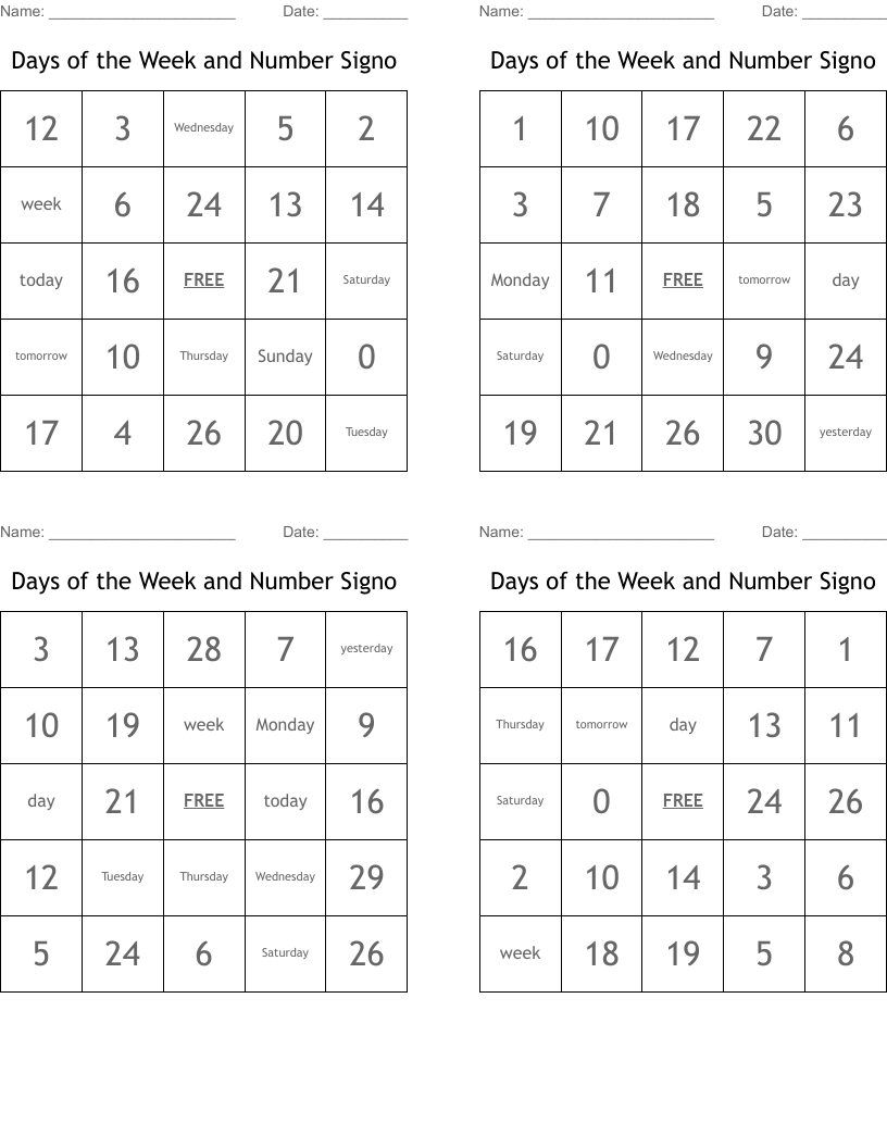 Days of the Week and Number Signo Bingo Cards