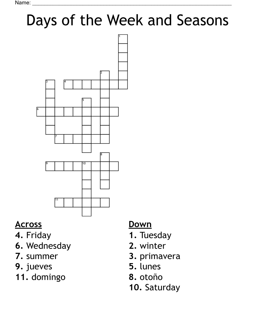Days of the Week and Seasons Crossword