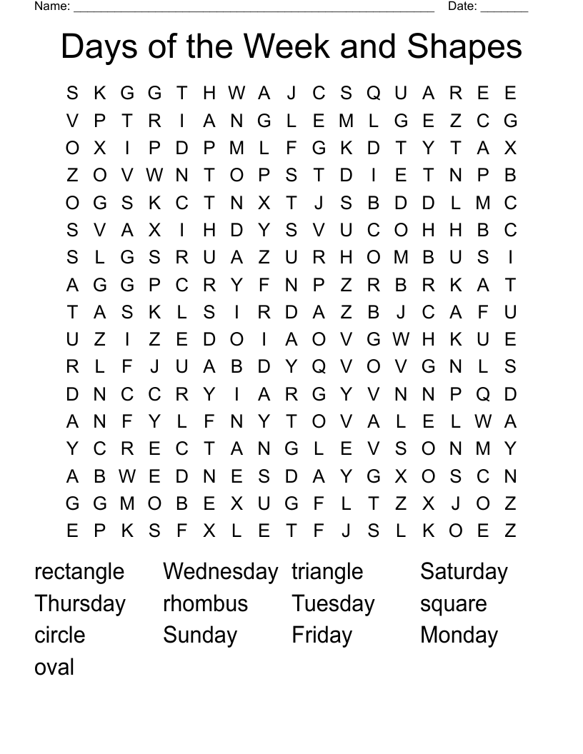 Days of the Week and Shapes Word Search