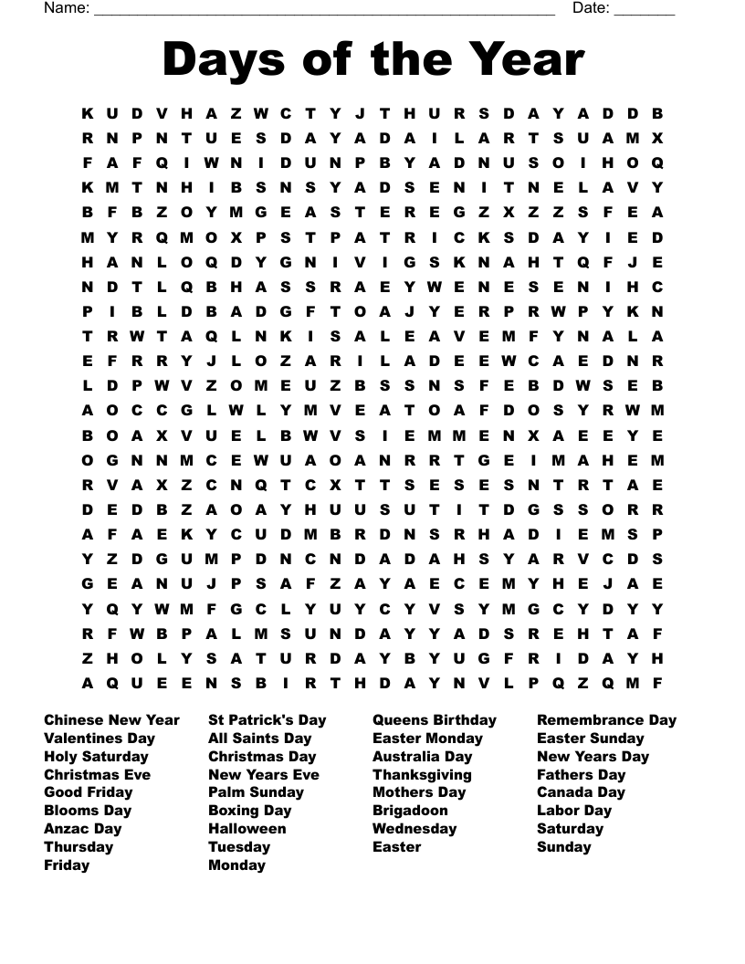 Days of the Year Word Search