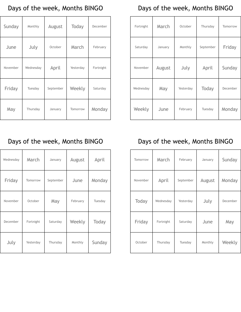 Days of the week, Months BINGO