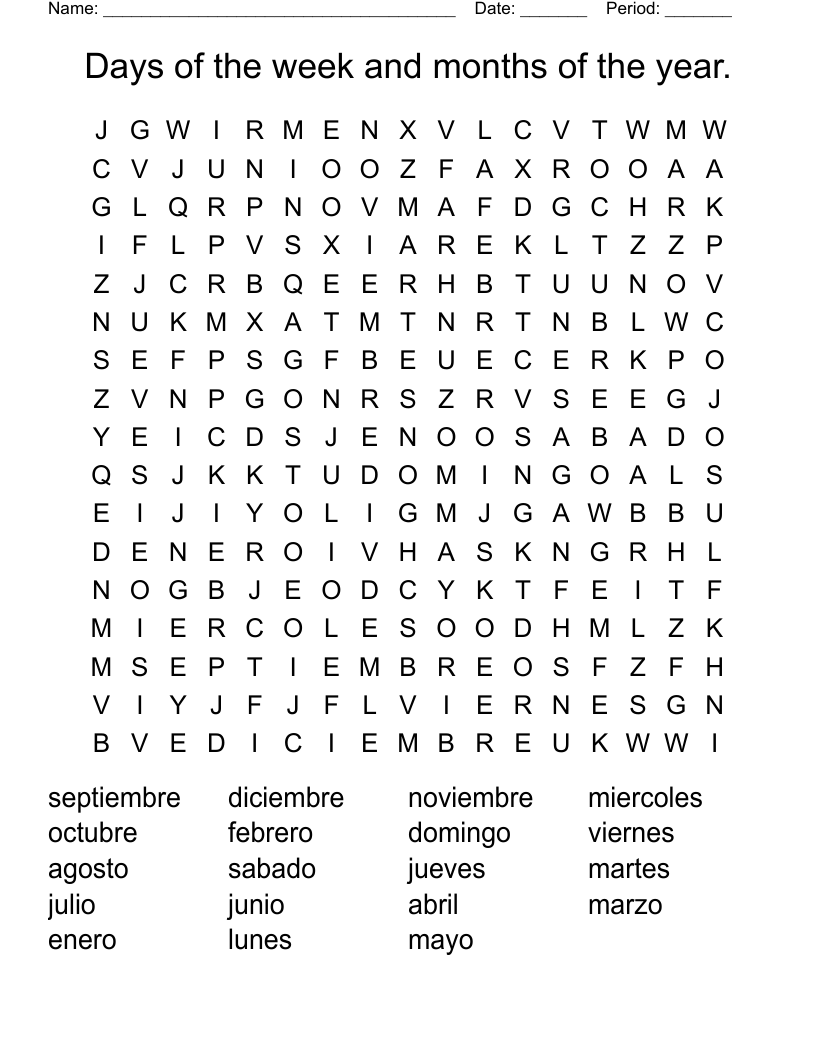Days of the week and months of the year. Word Search