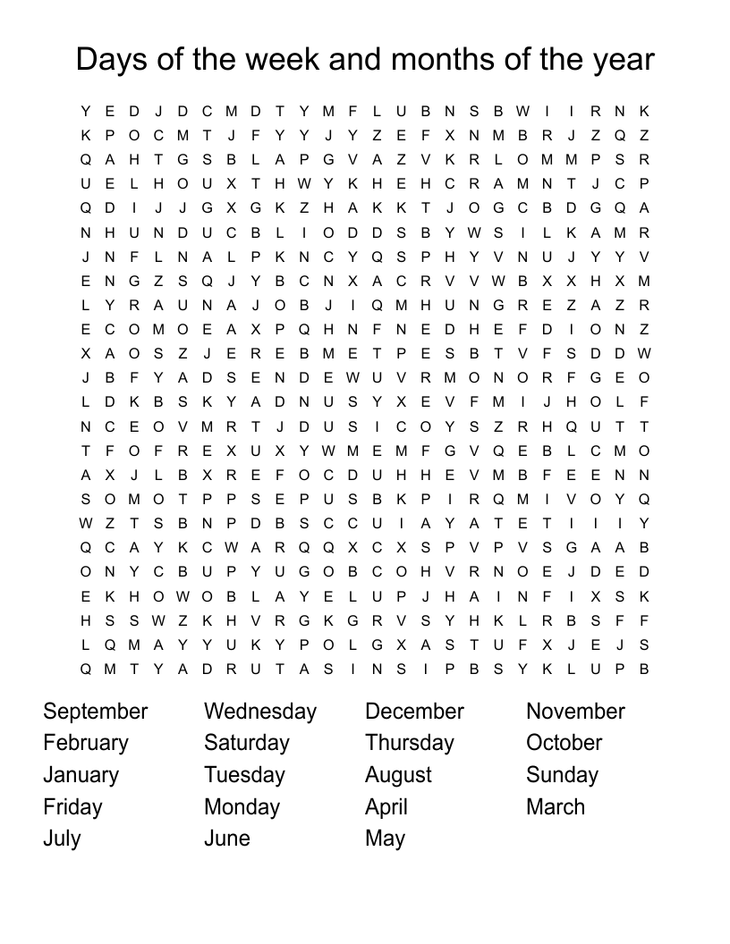 Days of the week and months of the year Word Search