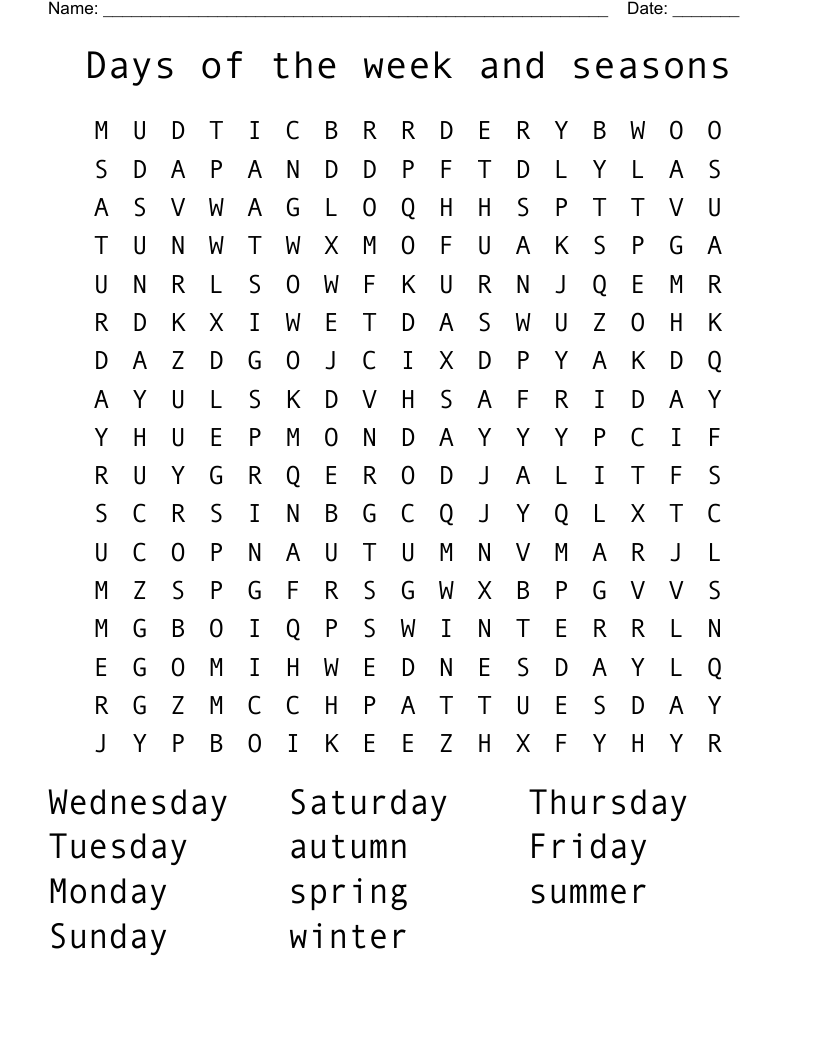 Days of the week and seasons Word Search